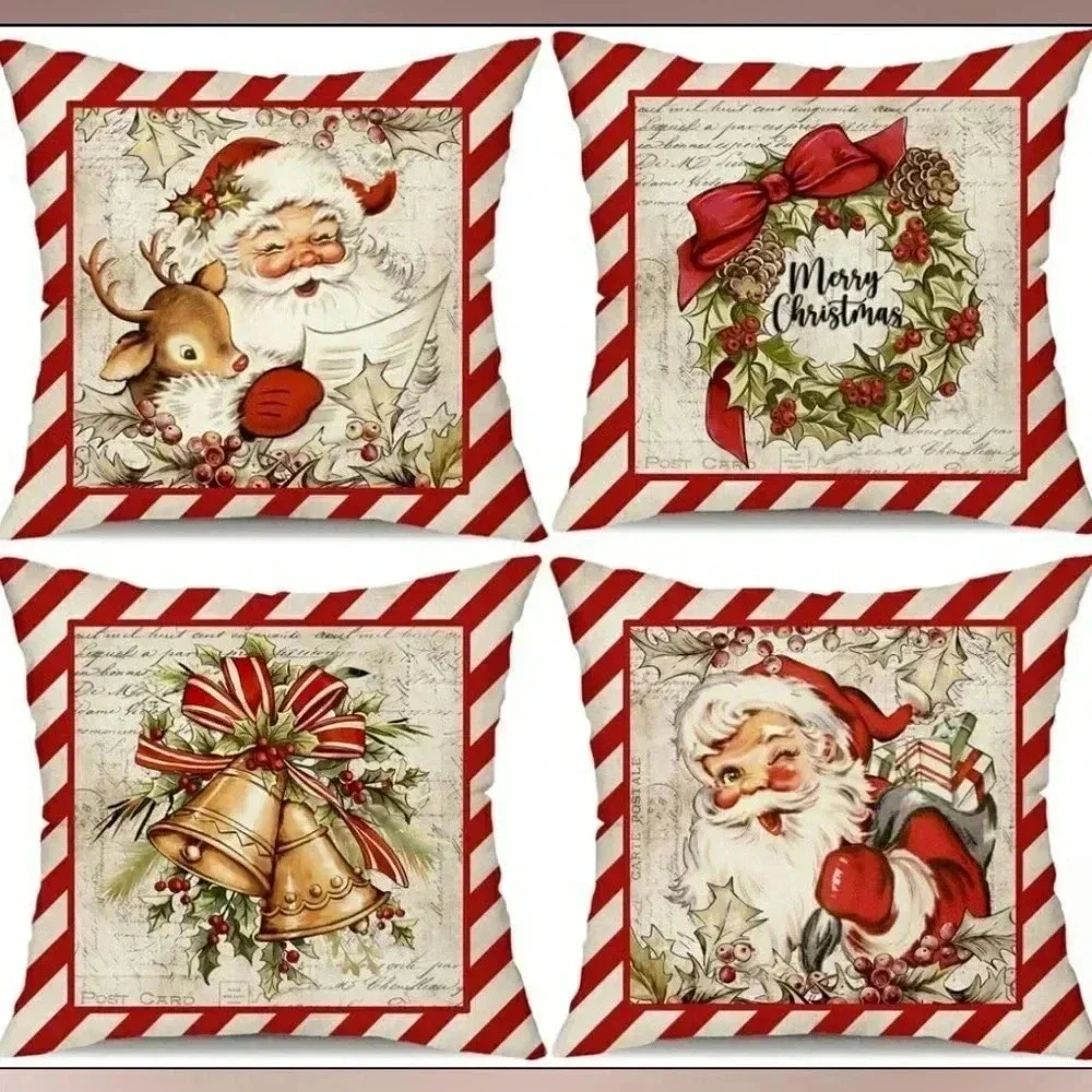 Christmas Holiday Accent Pillow Covers Farmhouse  Santa Bells Set Of 4 NEW